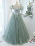 kamahe Gray Green A-Line Tulle Long Prom Dress, Gray Green Formal Dress