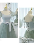 kamahe Gray Green A-Line Tulle Long Prom Dress, Gray Green Formal Dress