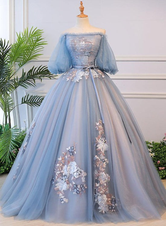 Solvbao Blue Tulle Floral Off Shoulder Princess Formal Dress, Blue Sweet 16 Dress, Prom Dress