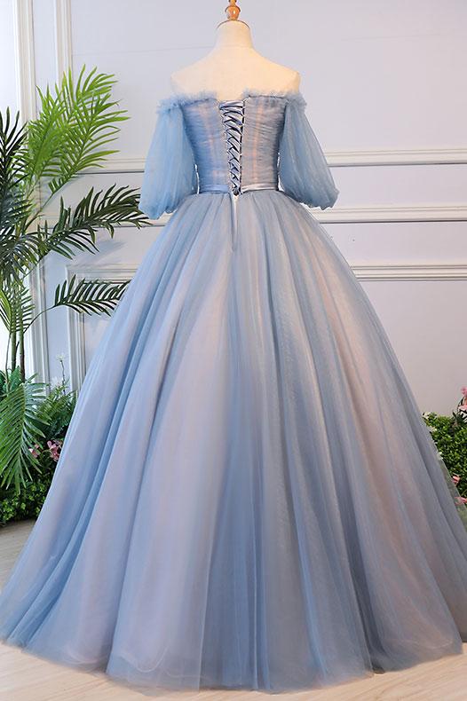 Solvbao Blue Tulle Floral Off Shoulder Princess Formal Dress, Blue Sweet 16 Dress, Prom Dress