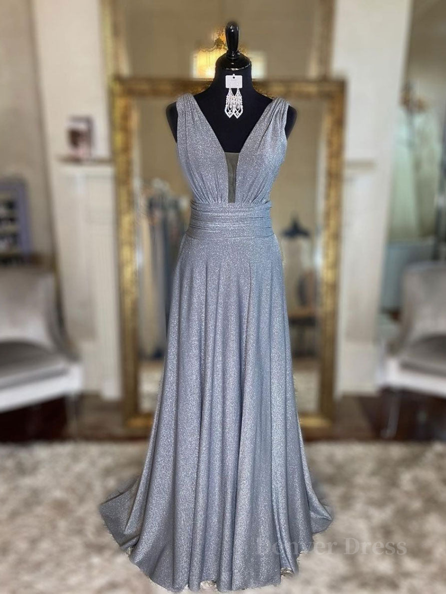 kamahe Gray v neck tulle sequin long prom dress, gray evening dress