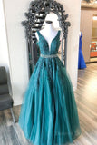 kamahe Green v neck tulle lace long prom dress, green formal dress