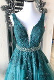 kamahe Green v neck tulle lace long prom dress, green formal dress