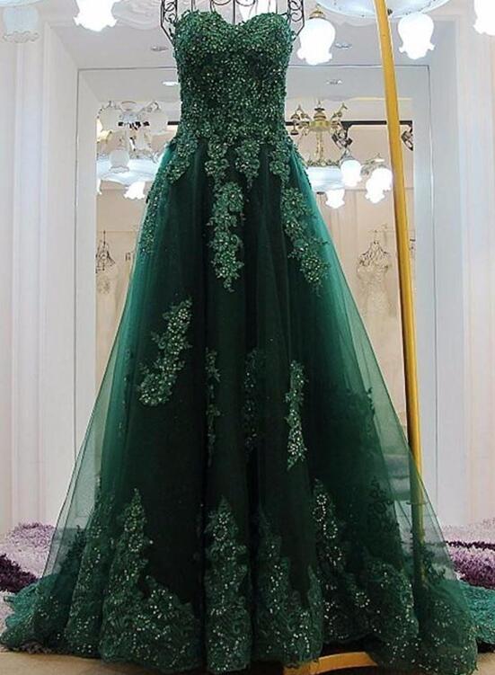 Solvbao Charming Green Applique and Beaded Tulle Princess Gowns, Green Formal Dresses, Junior Prom Dress