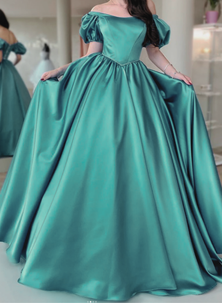 Solvbao Green Satin Lace-up Back Long Party Dress, Green A-line Prom Dress