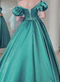 Solvbao Green Satin Lace-up Back Long Party Dress, Green A-line Prom Dress