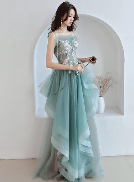 Solvbao Unique A-line Long Straps Tulle Layers Green and Pink Evening Dress, Long Prom Dress Party Dress