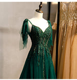 solvbao Elegant V-neckline Straps Tulle Long Junior Prom Dress, Green Prom Dress