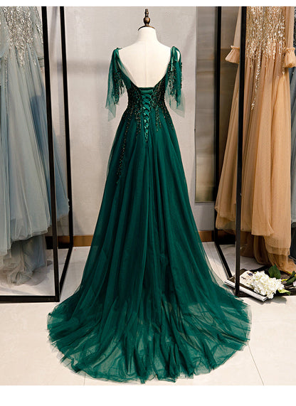 solvbao Elegant V-neckline Straps Tulle Long Junior Prom Dress, Green Prom Dress