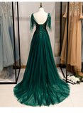 solvbao Elegant V-neckline Straps Tulle Long Junior Prom Dress, Green Prom Dress