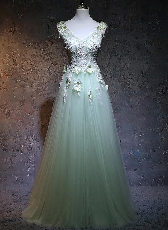 solvbao Beautiful Light Green V-neckline Tulle Party Gown, A-line Tulle Prom Dress