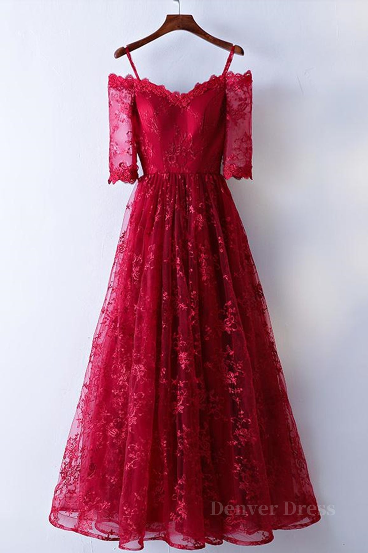 kamahe Half Sleeves Burgundy Lace Prom Dresses, Wine Red Half Sleeves Long Lace Formal Evening Dresses