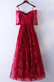 kamahe Half Sleeves Burgundy Lace Prom Dresses, Wine Red Half Sleeves Long Lace Formal Evening Dresses