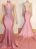 kamahe Halter Backless Mermaid Appliques Long Train Prom Dresses