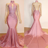 kamahe Halter Backless Mermaid Appliques Long Train Prom Dresses