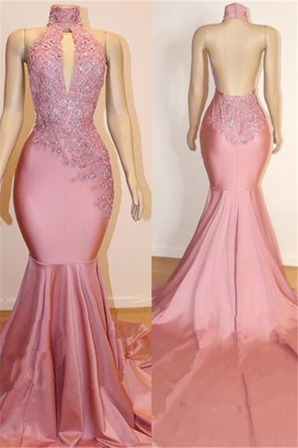 kamahe Halter Backless Mermaid Appliques Long Train Prom Dresses