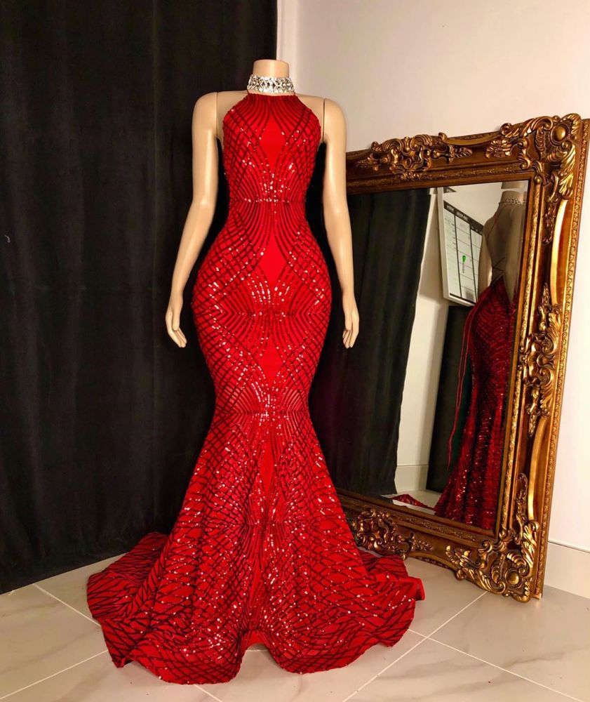 kamahe Halter Lace-up Sequins Floor Length Red Mermaid Prom Dresses