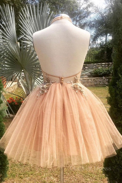 Halter Neck Backless Champagne 3D Floral Short Prom Dress, Backless Champagne Formal Graduation Homecoming Dress