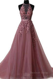 kamahe Halter Neck Backless Lace Prom Dresses, Open Back Halter Neck Lace Formal Evening Dresses