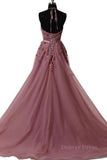 kamahe Halter Neck Backless Lace Prom Dresses, Open Back Halter Neck Lace Formal Evening Dresses