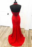 kamahe Halter Neck Mermaid Backless Red Lace Long Prom Dresses, Mermaid Red Formal Dresses, Red Lace Evening Dresses