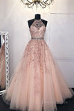 kamahe Halter Neck Pink Lace Long Prom Dress with Belt, Pink Lace Formal Dress, Pink Evening Dress