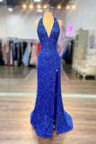 kamahe Halter Neck Royal Blue Long Prom Dresses, Shiny Royal Blue Long Formal Evening Dresses