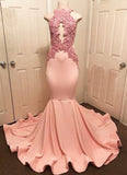 kamahe Halter Pink Lace Prom Party Gowns| Mermaid Formal Dresses