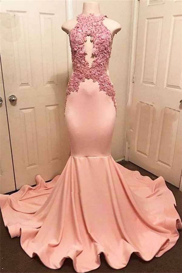 kamahe Halter Pink Lace Prom Party Gowns| Mermaid Formal Dresses