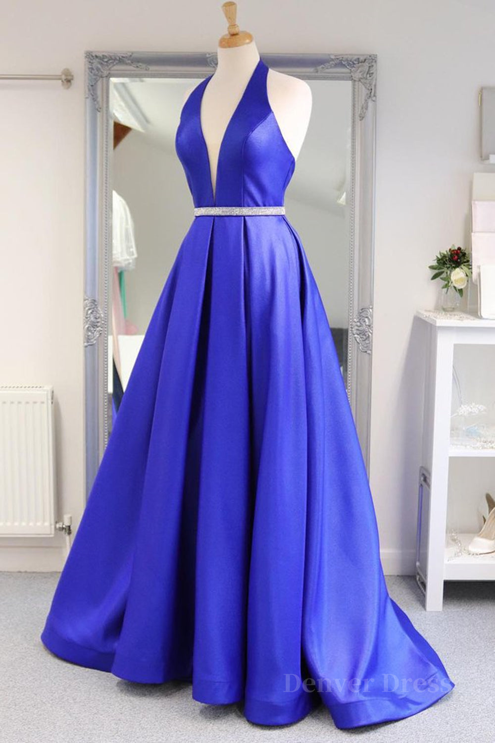 kamahe Halter V Neck Backless Blue Long Prom Dresses with Belt, Backless Blue Formal Evening Dresses