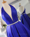 kamahe Halter V Neck Backless Blue Long Prom Dresses with Belt, Backless Blue Formal Evening Dresses