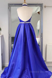 kamahe Halter V Neck Backless Blue Long Prom Dresses with Belt, Backless Blue Formal Evening Dresses