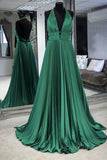 kamahe Halter V Neck Backless Emerald Green Satin Long Prom Dress, Backless Emerald Green Formal Graduation Evening Dress