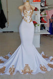 kamahe Halter V-Neck Sleeveless Gold Appliques Prom Party Gowns