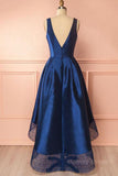 kamahe High Low V Neck Blue Satin Prom Dresses, Open Back Blue Formal Dresses, Blue Evening Dresses