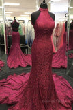 kamahe High Neck Backless Burgundy Lace long Prom Dress, Long Burgundy Lace Formal Evening Dress, Burgundy Ball Gown