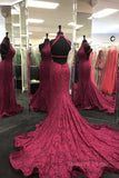 kamahe High Neck Backless Burgundy Lace long Prom Dress, Long Burgundy Lace Formal Evening Dress, Burgundy Ball Gown