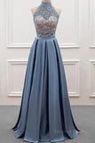 kamahe High Neck Two Pieces Blue Lace Long Prom Dress, 2 Pieces Blue Lace Formal Dress, Blue Evening Dress