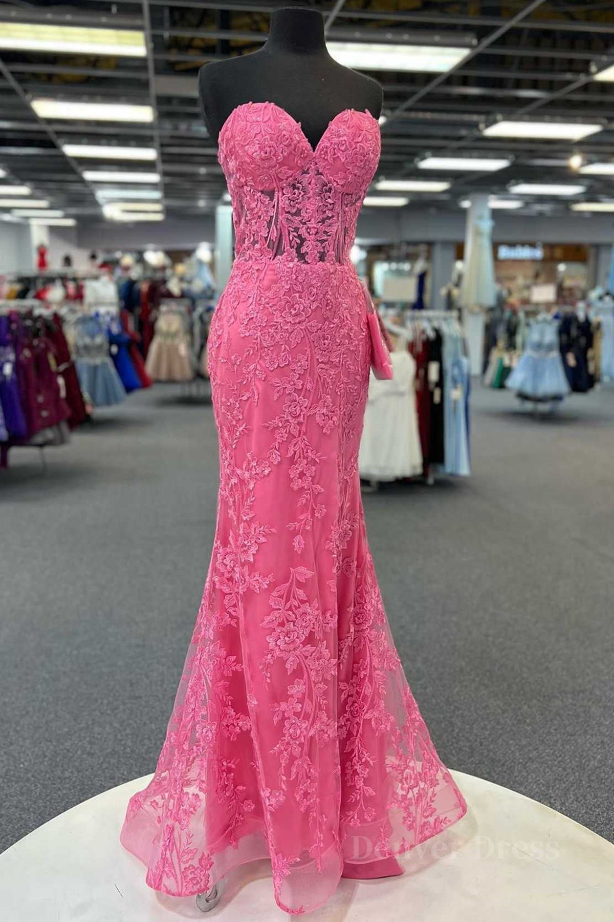 kamahe Hot Pink Mermaid Lace Prom Dresses, Hot Pink Mermaid Lace Formal Evening Dresses