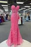 kamahe Hot Pink Mermaid Lace Prom Dresses, Hot Pink Mermaid Lace Formal Evening Dresses