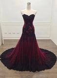 solvbao Black and Red Sweetheart Tulle with Lace Glam Evening Gown Party Dress, Long Formal Dress