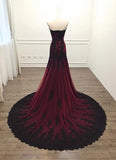 solvbao Black and Red Sweetheart Tulle with Lace Glam Evening Gown Party Dress, Long Formal Dress