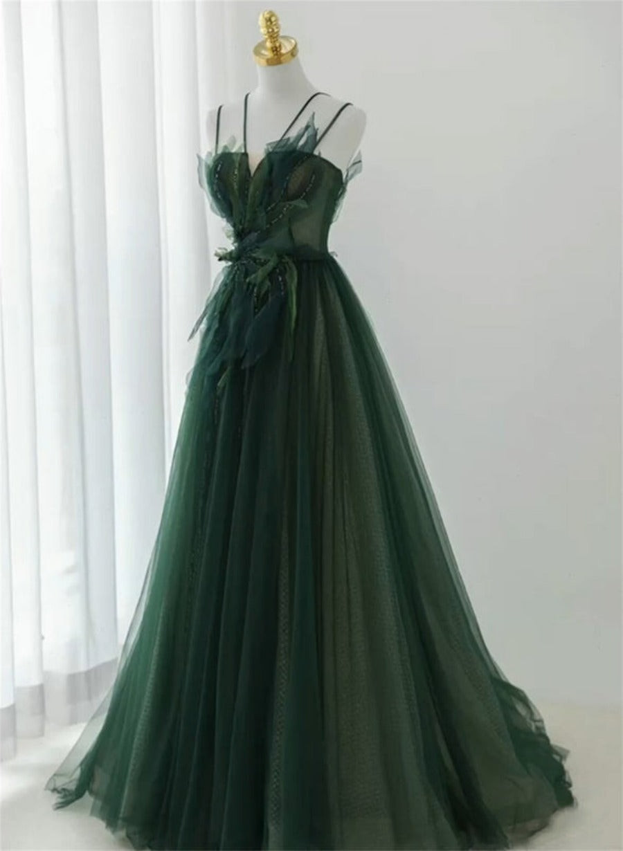 solvbao Dark Green Beaded Tulle A-line Prom Dress, Green Evening Formal Dress