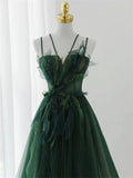 solvbao Dark Green Beaded Tulle A-line Prom Dress, Green Evening Formal Dress