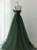 solvbao Dark Green Beaded Tulle A-line Prom Dress, Green Evening Formal Dress