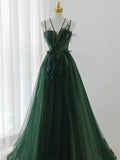 solvbao Dark Green Beaded Tulle A-line Prom Dress, Green Evening Formal Dress