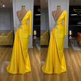 kamahe Illusion neck Bright Yellow One shoulder Bubble Sleeves Prom Dress