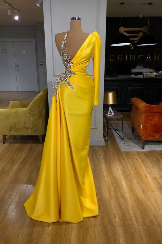 kamahe Illusion neck Bright Yellow One shoulder Bubble Sleeves Prom Dress