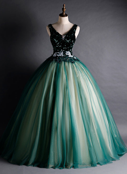 Solvbao Green Ball Gown V-neckline Sequins Long Formal Dress, Green Sequins Prom Dress