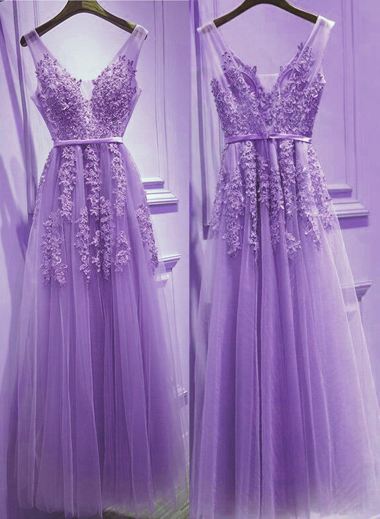 solvbao Beautiful Light Purple Tulle V-neckline Party Dress , Tulle Formal Gowns